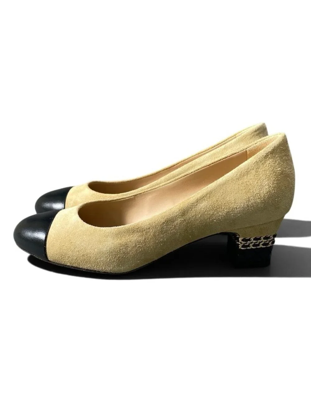 Chanel Quilted Chain Trim Pumps Beige Black Suede Heel